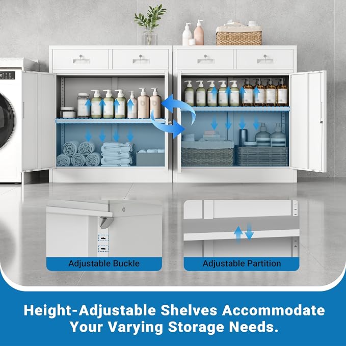 Metal Storage Cabinet, 36" Locking Cabinet with Adjustable Shelves for Garage, Office (White, 2 Drawers)
