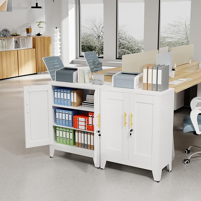GAIOUS 36" Metal Floor Storage Cabinet, Locked Steel Storage Cabinets with 2 Doors and 2 Adjustable Shelves, White Kitchen Cabinet, Freestanding Cabinet for Home/Office/Garage/Tool Room/Bathroom