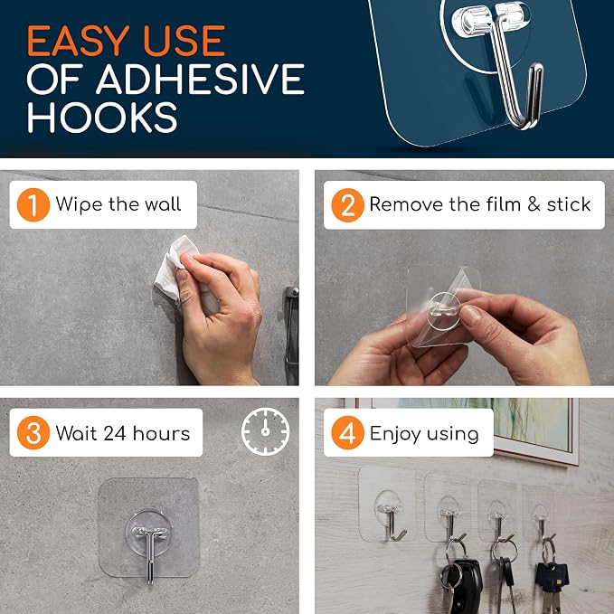 Adhesive Wall Hooks for Hanging, Heavy Duty No Drill, 22 lbs, 12 Pack | GLUIT Adhesive Wall Hooks for Hanging, Transparent Waterproof Sticky Towel Hook for Bathroom Kitchen Home Outdoor