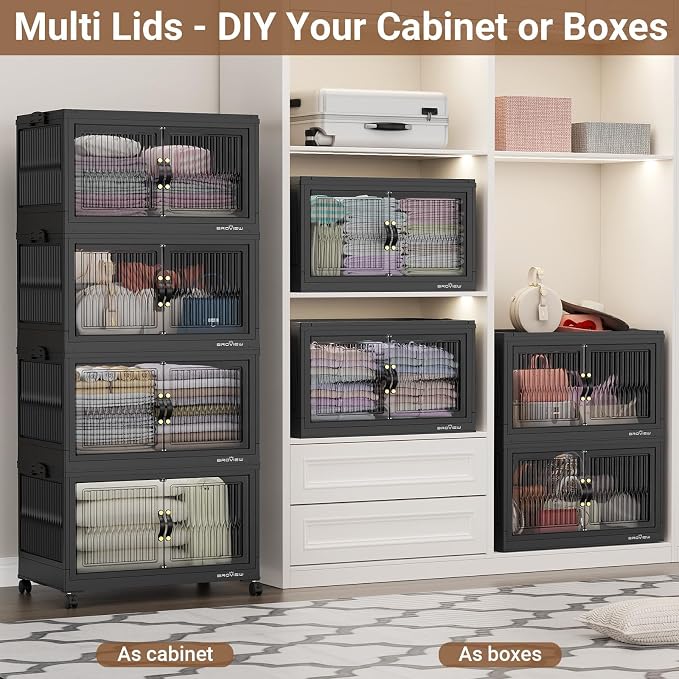 BROVIEW 480 Qt Stackable Storage Bins with Lids, Plastic Closet Organizers and Storage Drawer, Collapsible Storage Box with Wheels, Folding Storage Cabinet for Closet Clothes Organization, 4Pack Black