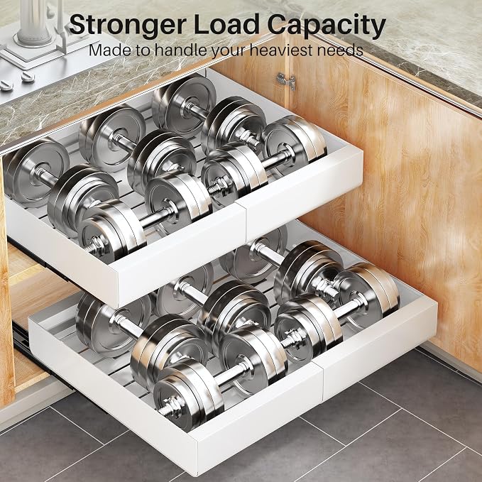 Pull out Cabinet Organizer, Expandable(12"-20") Heavy Duty Slide out Drawers Fixed with Adhesive Nano Film for Pots, Roll out Shelf Storage for Kitchen Base Cabinet, Pantry, Bathroom Cupboard