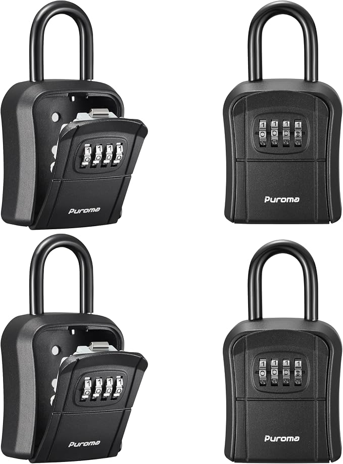 Puroma Key Lock Box, Portable Combination Lockbox Wall-Mounted Storage for House Keys, Resettable Code Safe Security Lock Box for Home, Office, Apartment Spare Key Storage (4 Pack, Pure Black)