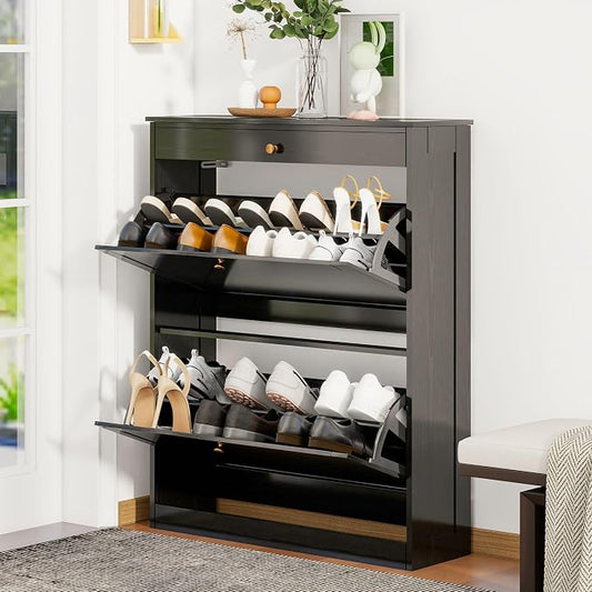 Wood Shoe Storage Cabinet, Hidden Shoe Rack Cabinet with 2 Flip Drawers | Space-Saving Shoe Storage Organizer, Ultra Slim Narrow Shoe Dresser Open Compartment, for Entry, Hallway, Living Room, Black