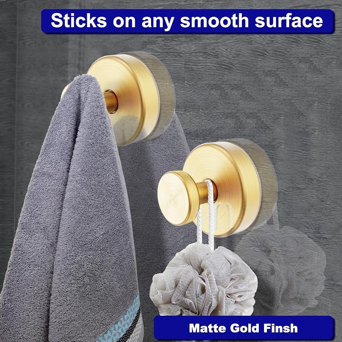 Bntuk Suction Cup Hooks for Shower, Towel Hooks for Bathroom Window Glass, Bath Robe Looafh Hook for Hanging - 2 Pack, Gold