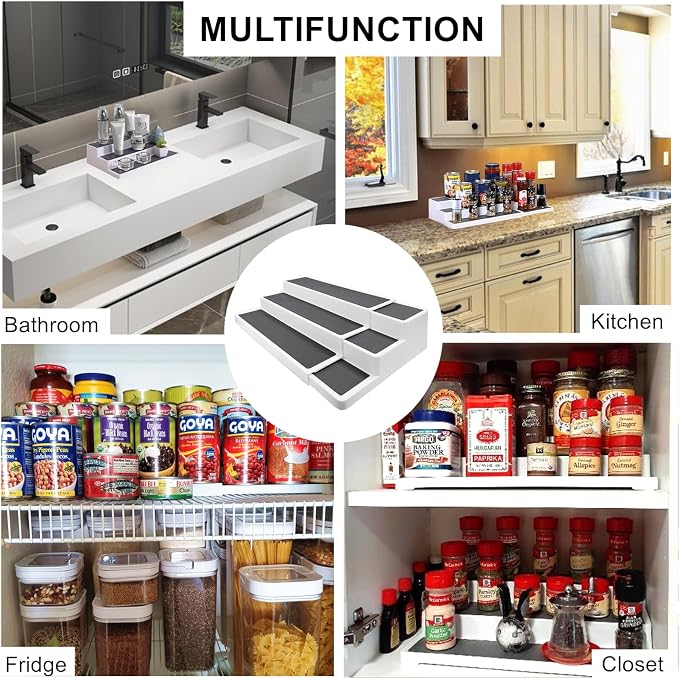 CiWiVOKi 3 Tier Expandable Spice Rack Organizer, White/Grey Plastic Spice Rack, Adjustable Length 14.6In-25.8In, 2 Pack Non-Skid Tiered Spice Shelf Organizer for Kitchen Cabinet, Cupboard, Pantry
