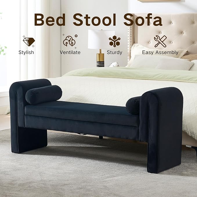 Modern Bench for Bedroom End of Bed, 60.5" Velvet Upholstered Rolled Armed Stool Bench, Sofa Ottoman Long Bench with 2 Pillows for Entryway/Bedroom/Hall (Black-60.5 Inch)