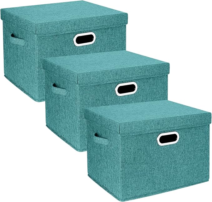 Large Storage Bins with Lids, Collapsible, Washable, Fabric Storage Boxes for Organizing, 17.3x11.8x11.4 inches, 3 Pack, Aqua Deep