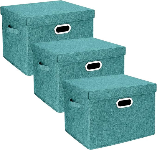 Large Storage Bins with Lids, Collapsible, Washable, Fabric Storage Boxes for Organizing, 17.3x11.8x11.4 inches, 3 Pack, Aqua Deep