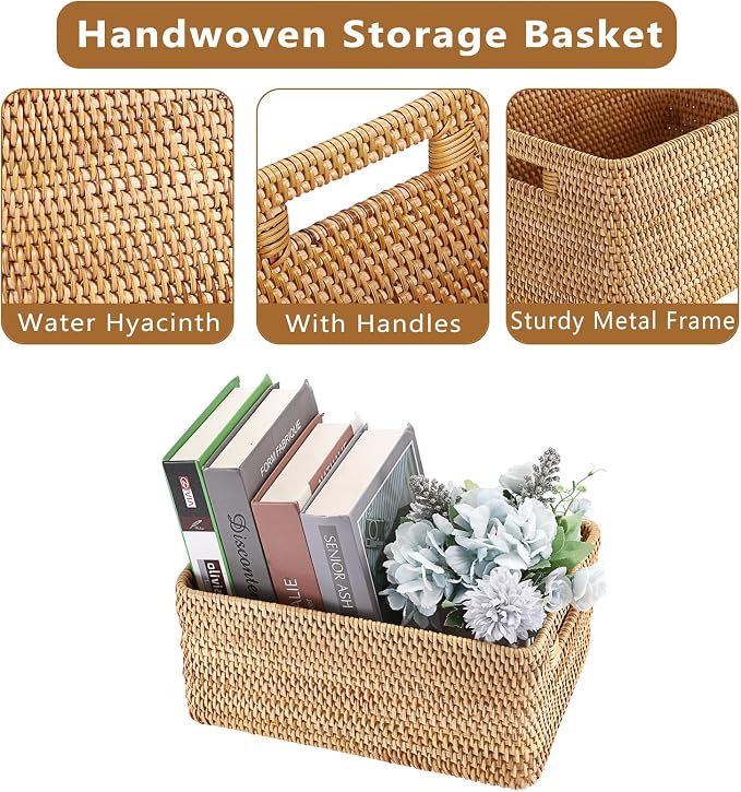 Hipiwe Woven Rattan Basket Natural Wicker Storage Basket Box with Handles | Rectangular Open Storage Bin for Shelf Bathroom Living Room Kitchen, 13" x 8.7" x 5.9"