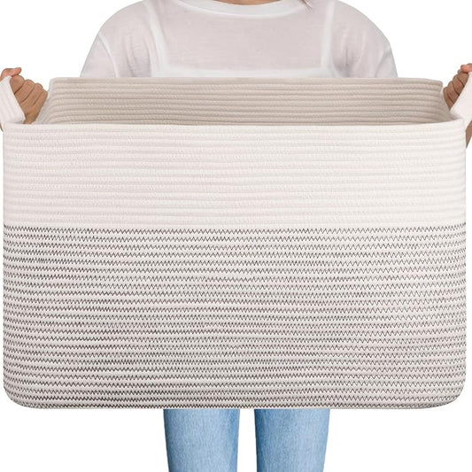 OIAHOMY Extra Large Blanket Basket, 95L Cotton Rope Woven Laundry Basket, Toy Bin for Baby Room, Container for Blanket Storage in Living Room, 24''×17''×14'', Black & White