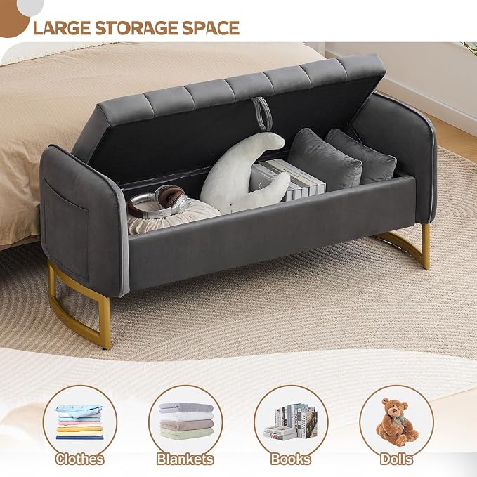 End of Bed Storage Bench, 51'' Velvet Storage Benches for Queen Size Bedroom Foot of Bed, Storage Ottoman Bench with Golden Legs and Pillow for Living Room Window Entryway, Dark Grey