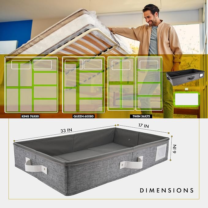 2pc Under Bed Storage Containers, Bedroom Under the Bed Drawer Storage Organizer with Bins and Lids, Large Underbed Clothes Storage Box Ideal for Blanket, Fabric, & Shoes (LightGray)