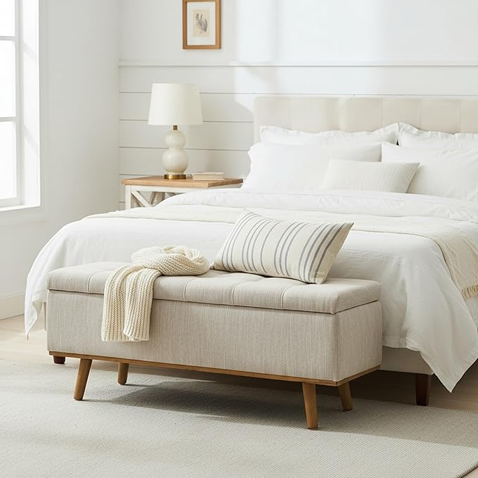 Storage Ottoman Bench, 45" End of Bed Bench, Beige | Hidden Storage Space, Linen Upholstery, Padded Cushion Top, Solid Wood Legs, 350 LBS Weight Capacity