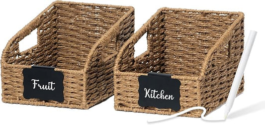 Wicker Baskets for Organizing, Pantry Baskets with Built-in Handles, Handwoven Wicker Storage Basket, Paper Storage Bins for Shelves, Small - 2pcs, Brown