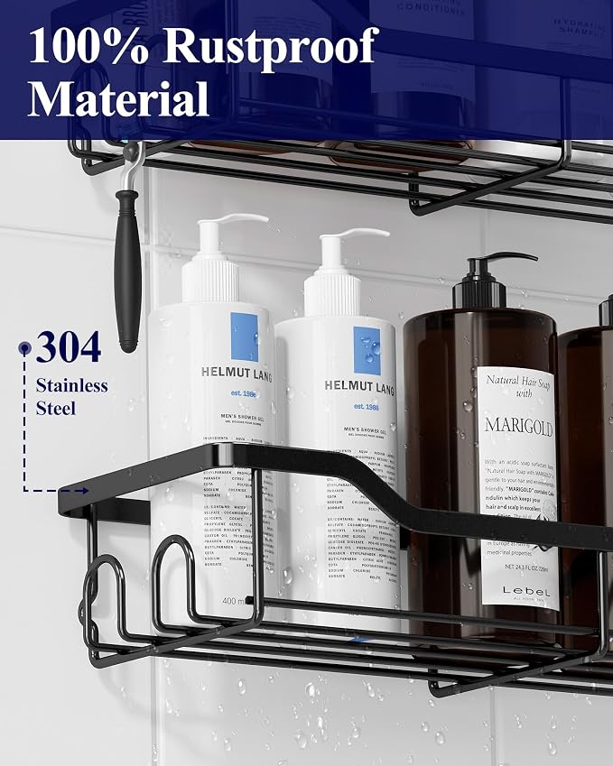Kitsure Shower Caddy, Adhesive Shower Organizer, Large, Black | Stainless Steel Shelf for Inside Shower, No Drill Bathroom Organizers and Storage, Home Decor Accessories