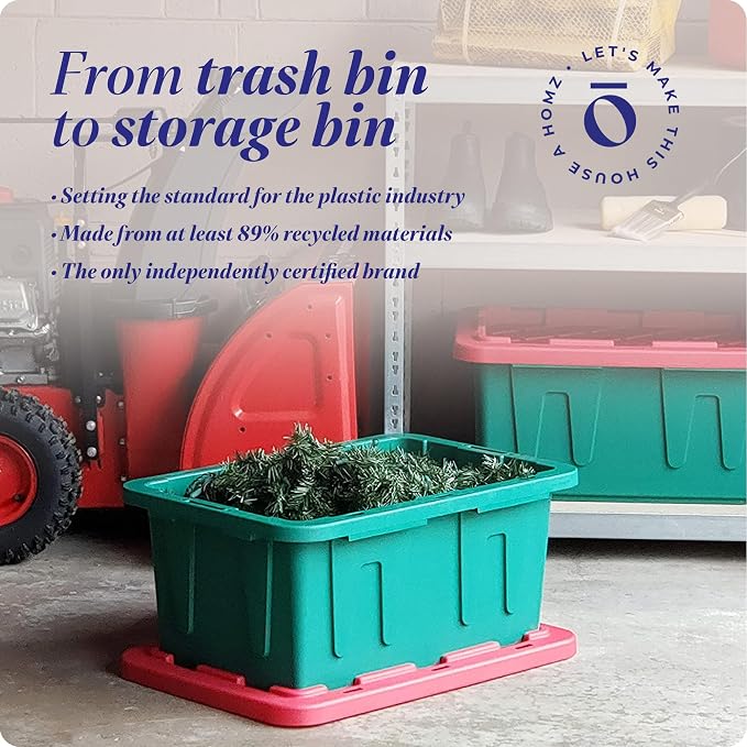 HOMZ Holiday Plastic Storage Container, 15 Gallon - Set of 2, Green and Red, 2 Sets | Heavy-Duty Large Stackable Container Seasonal Boxes for Home, Attic, and Garage Organization