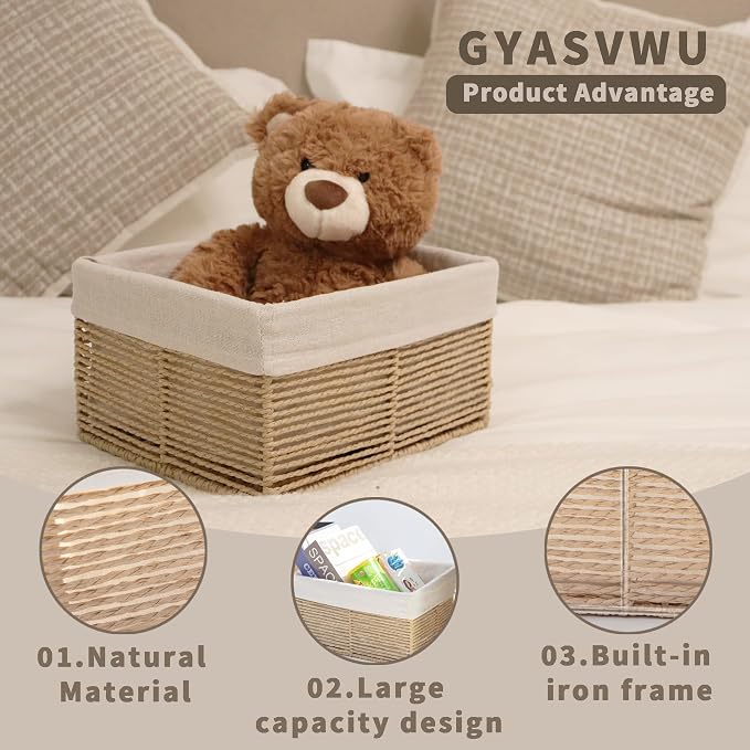 GYASVWU Hand-Woven Paper Rope Storage Baskets,Rectangular Wicker Baskets for Organizing,Decorative Woven Basket for Storage,Shelf Basket for Living Room,Storage Baskets for Pantry (Beige - Small)