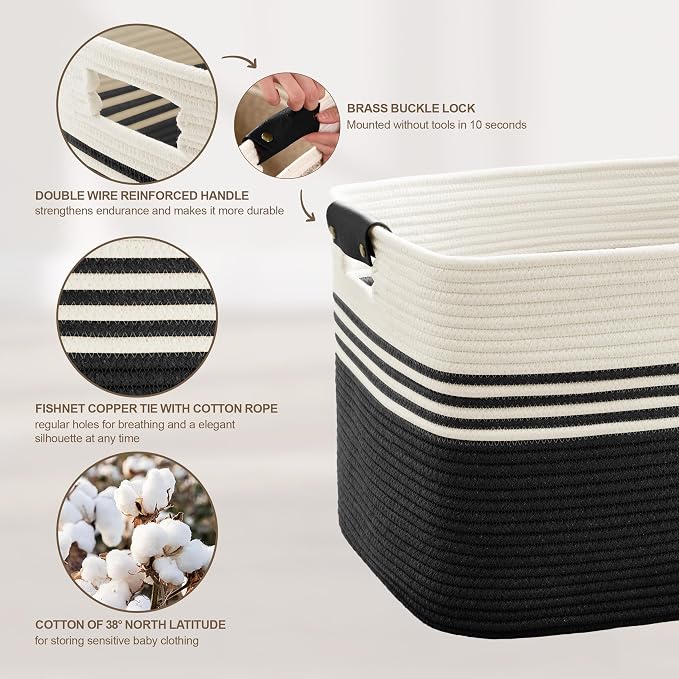 72L Large Woven Laundry Basket Hamper with Leather Handles,Black | collapsible wicker hamper, storage for dirty clothes, toys, blankets, gifts, living room, bedroom, bathroom, 22"x17"x12"