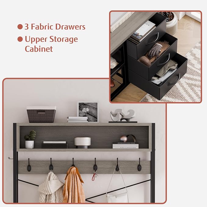Hall Tree with Bench and 3 Drawers Storage, 39.4" Coat Rack Freestanding