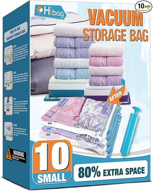 Vacuum Storage Bags, 10 Small Space Saver Vacuum Seal Bags, Space Bags, Vacuum Sealer Bags for Clothes with Travel Hand Pump (10S) | Home and Travel, Airtight Triple Seal, Save 80% Space, Hand Pump, Work with Vacuum, Double Zip, Reusable, Easy to Use