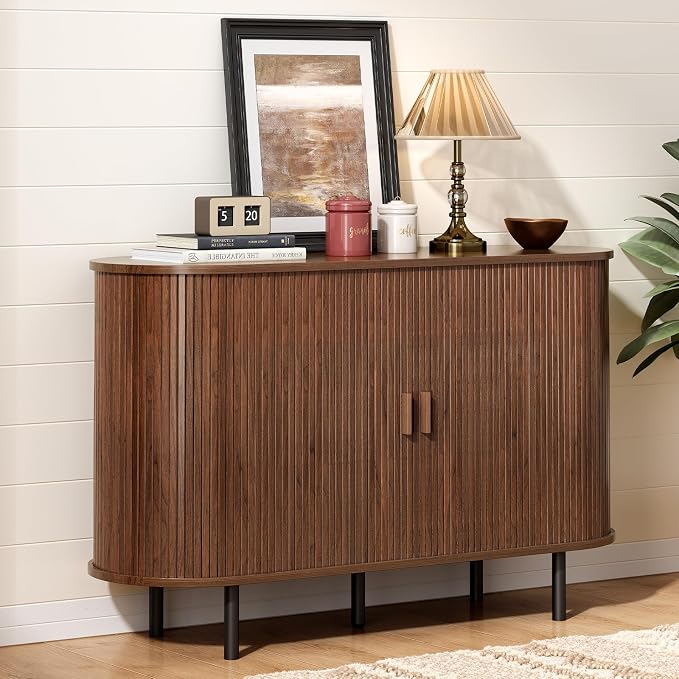 48" Sideboard Buffet Cabinet with Storage, Storage Cabinet with Sliding Door & Adjustable Shelf, Modern Accent Coffee Bar Console Table for Kitchen, Entryway, Walnut