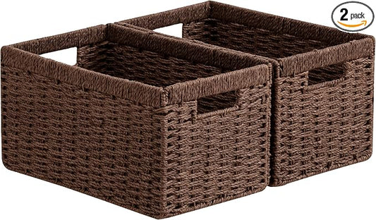 joybest Wicker Storage Baskets, 2pack Hand-Woven Paper Rope Wicker Baskets for Organizing, Foldable Rectangular Storage Organizer Bins for Shelves with Built-in Handles 13.4L x 8.3W x 7.1H, Dark Brown
