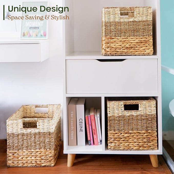 CHI AN HOME 12x12 Baskets for Cube Storage, Wicker Cube Storage Bins Set 4 | 12x12x12 Storage Bins, Foldable Square Baskets For Cube Shelves, Kallax Woven Bins, Versatile Storage, Natural Water Hyacinth