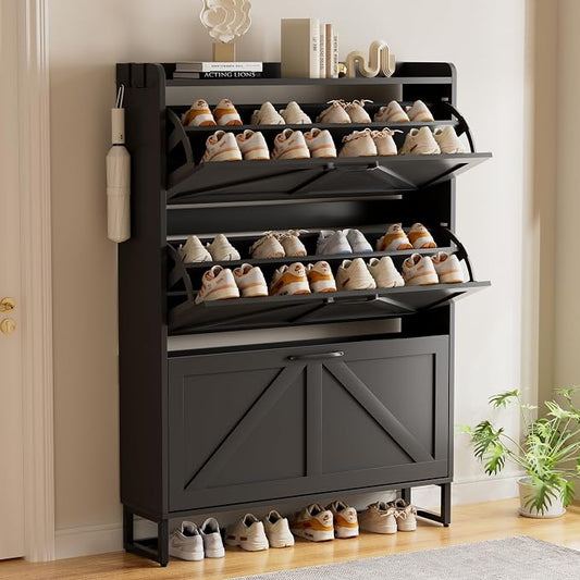 EOYUTLLY Shoe Cabinet Storage for Entryway, Narrow Shoe Rack with 3 Flip Drawers, Freestanding Hidden Shoe Rack Storage Organizer, Slim Shoe Cabinet White with Metal Legs