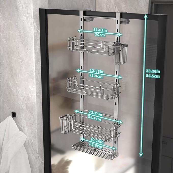 HapiRm Hanging Shower Caddy Organizer - Shower Shelf with 22 Hooks and 2 Toothbrush Holders, No Drilling Adjustable Hanging Bathroom Organizer - Silver