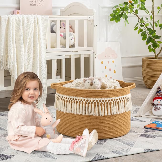 KAKAMAY Large Blanket Basket with Handles, Storage Basket for Living Room | Extra Large Capacity | Natural Cotton Rope | Blanket Storage | Woven Storage Basket | Stuffed Animal Storage | Laundry Basket