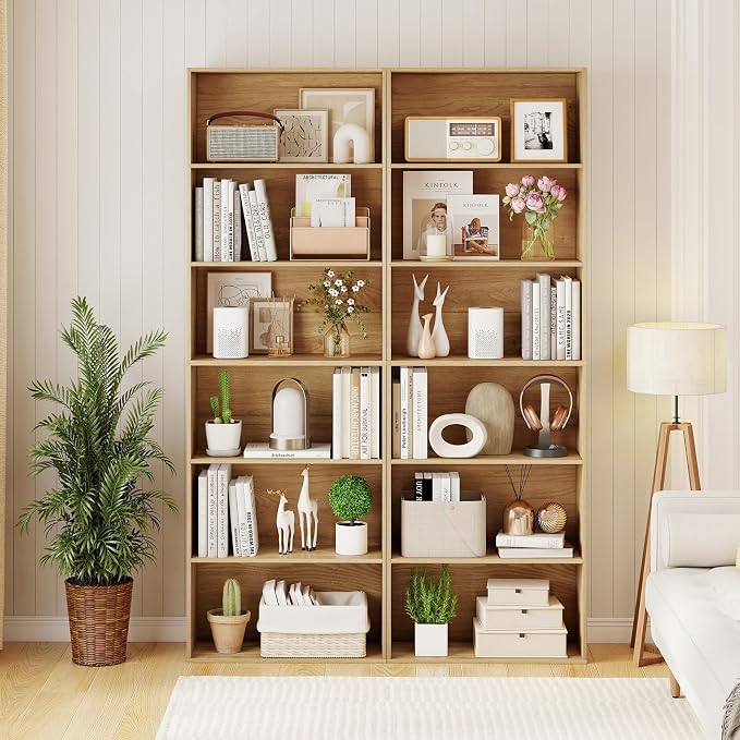 Giantex 6-Tier Bookcase Set of 2, 70" Tall Wooden Bookshelf, Freestanding Storage Organizer w/Open Shelves, Anti-Tipping Kits, Modern Floor Standing Display Shelves for Living Room,Natural