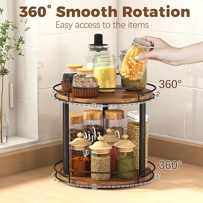 LAMU 12'' Wood Lazy Susan Turntable Organizer for Cabinet, 2 Tier Lazy Susan Spice Rack Organizer for Kitchen, Table Top, Countertop, Pantry, Bathroom