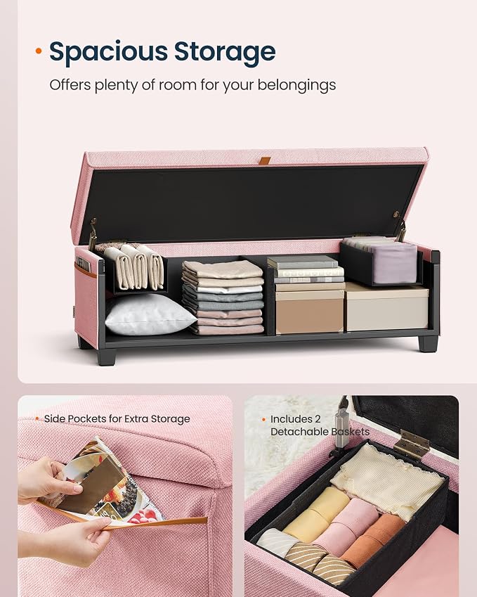 SONGMICS Home Storage Ottoman, 27 Gallons End of Bed Bench, 15.9 x 43.5 x 15.9 Inches, for Bedroom, Entryway, Living Room, Pink
