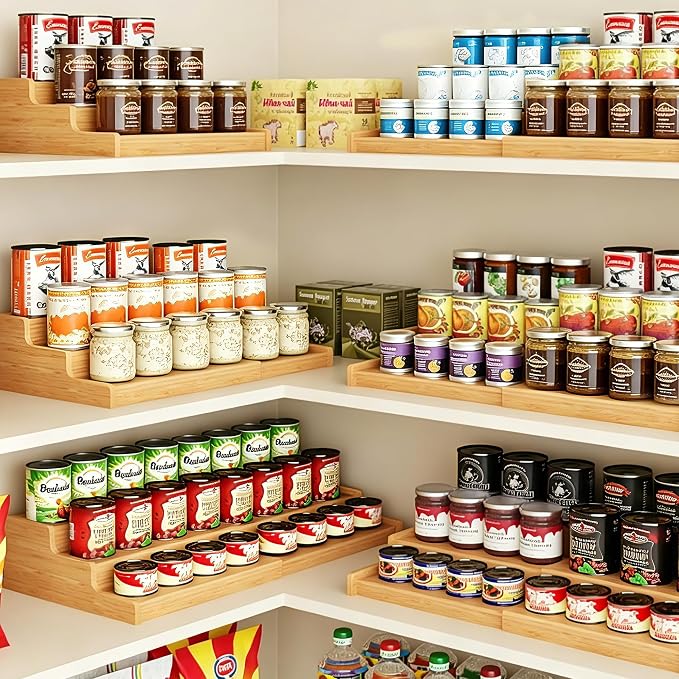 TISTON Expandable Bamboo Can Organizer for Pantry, 3-Tier Adjustable Pantry Organizers and Storage, Spice Rack Organizer for Cabinet, Cup Organizer