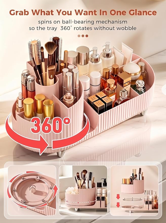 Booklov Rotating Makeup Organizer for Vanity Countertop, Pink | Plastic Cosmetic Display Case, Large Beauty Brush Holder for Bathroom Counter, Skin Care Perfumes Storage