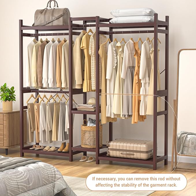 Bamboo Closet System Clothes Rack, Large Freestanding Garment Rack Clothing Rack for Hanging Clothes with 7 Storage Shelves and 5 Rods, Open Wardrobe Organizer with 4 Hooks, Espresso