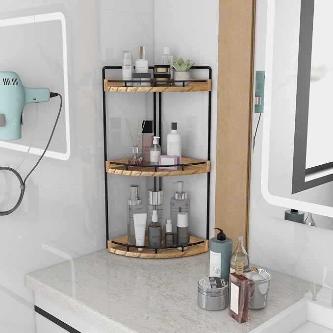 Dorhors Corner Bathroom Organizer Countertop,Vanity Counter Storage Shelf | 3 Tier Rustic Brown Stand Rack Holder for Kitchen,Dresser,Restroom,Wood Bathroom Sink Tray for Makeup,Perfume,Skincare,Lotion