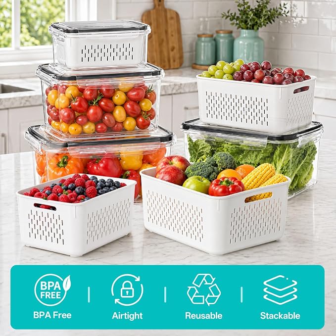HOMETALL 8 Pack Fruit Storage Containers for Fridge with Strainer, BPA Free Fruit Cleaning Bowl Fridge Organizer, Plastic Fresh Keeper Set Refrigerator Organizer for Salad Berry Produce