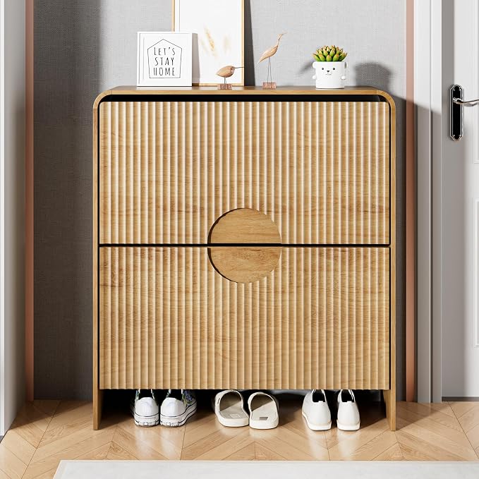 Narrow Shoe Cabinet for Entryway, Thin Entry Way Shoe Storage Cabinet with 2 Flip Drawers, No Shelf, Slim Hidden Shoe Rack Organizer for Entrance, Foyer, Wood Small