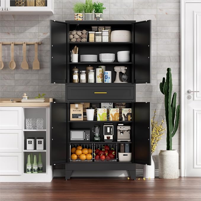 71" Tall Farmhouse Pantry Cabinet,Metal Cabinet with Doors and Shelves,Storage Cabinet for Kitchen Garage,Black 1 Pack