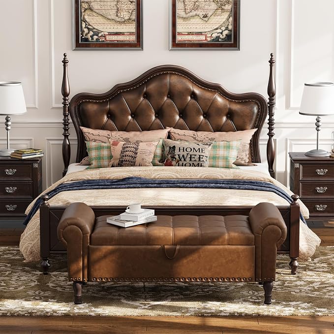 Apicizon 51” Bench with Storage, Upholstered Tufted Button Bedroom Bench with Storage, Faux Leather Ottoman Bench for Bedroom, Living Room, Entryway, Yellow Brown