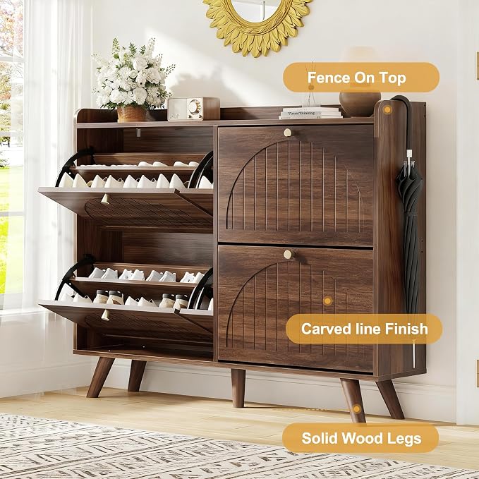Decofy 47.2” Shoe Cabinet with 4 flip-Down Drawers, Three Adjustable Levels, freestanding Wooden Shoe Rack, Suitable for entryway, Hallway, and Living Room (Walnut) | 47.2''W; 4 Flip-Down Shoe Storage Drawers; 3 Adjustable Shelves; Narrow Entryway Desi...