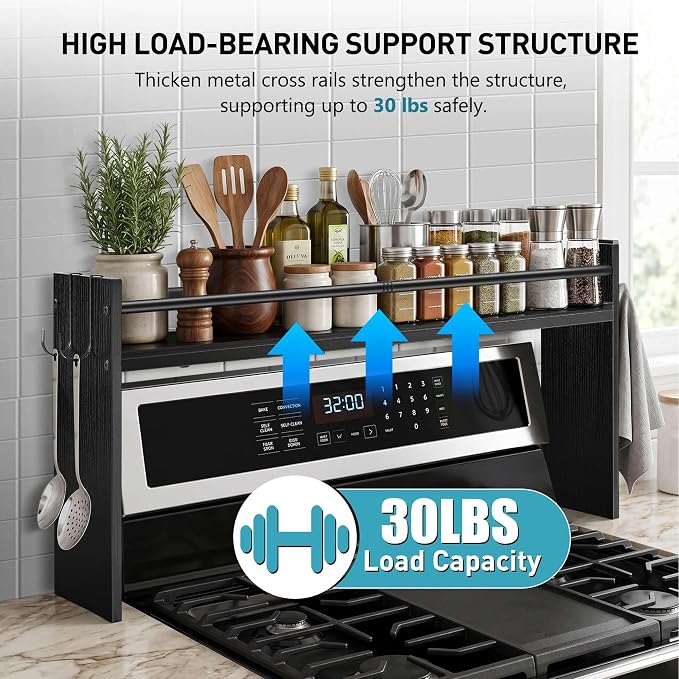Spice Rack Shelf for Kitchen Stove, Over The Stove Shelf with 4 Hooks, Premium Wood & Metal Commbined Spice Rack Organizer Extra Storage Countertop (Black)