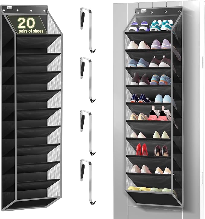 Kotkn 10 Tier Over The Door Organizer - Heavy Duty Hanging Storage Rack with Sturdy Oxford Fabric, Holds 20+ Pairs of Footwear, Boots & Sneakers, Saves 50% Closet Space (Black)