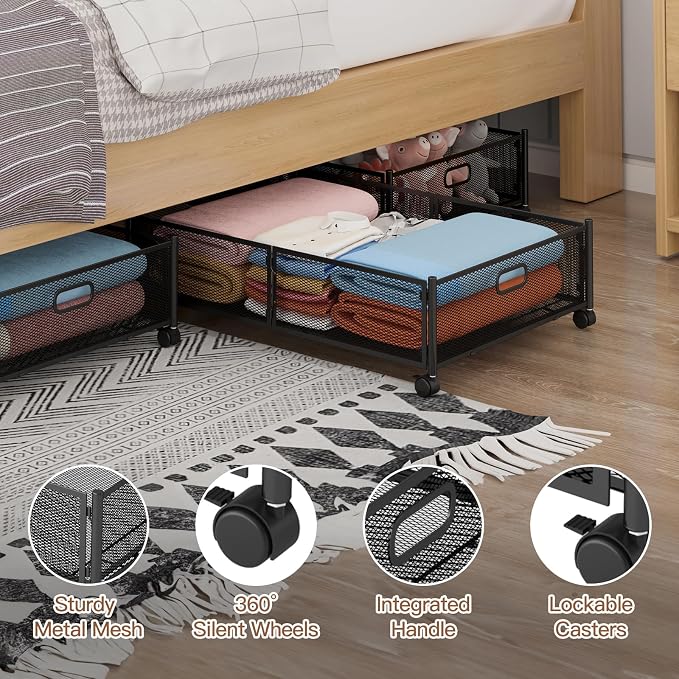 Gawerk Under Bed Storage with Wheels, Foldable Metal Mesh Underbed Storage Container Bins, Tool-free Assembly Clothes Drawer Organizer,2Pack