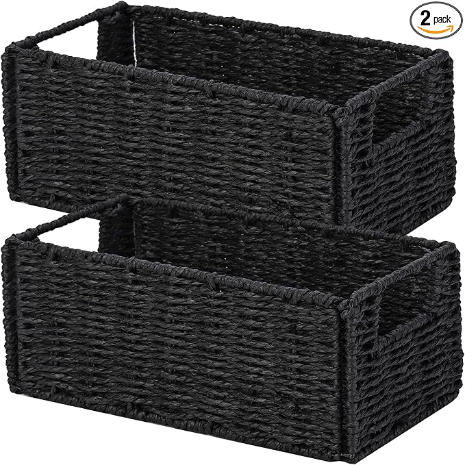 Vagusicc Wicker Storage Basket, Set of 2 Hand-Woven Paper Rope Wicker Basket, Small Storage Baskets for Organizing Toilet Paper Basket, Foldable Large Cube Storage Organizer Bins for Shelves (Black)