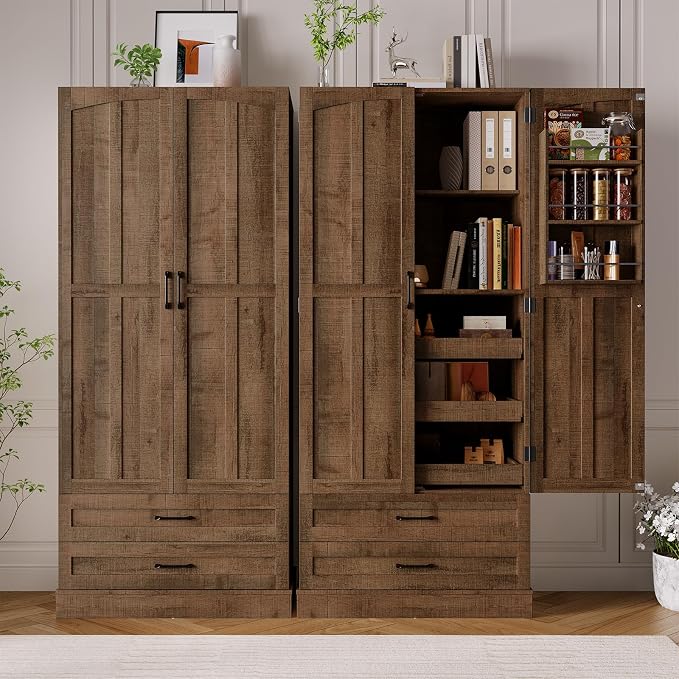 71" Tall Farmhouse Kitchen Pantry Cabinet with 3 Pull Out Shelves & 2 Large Drawers, Pantry Storage Cabinet with 6 Door Shelf & Adjustable Shelf, Freestanding Cupboard for Kitchen, Dining Room