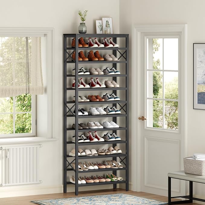 12-Tier Tall Shoe Rack Organizer, Wooden Shoe Storage for Closet Holds 48 Pairs, Sturdy Shoe Shelf with X-Shaped Metal Support, for Entryway, Bedroom, Black SS212BB