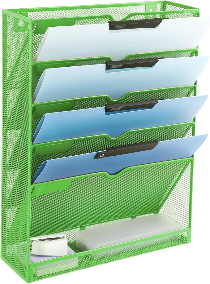 EASEPRES 6 Tier Mesh Hanging Wall File Organizer, Desk Vertical Mail Paper Document Folder Holder Rack with Bottom Tray and Nametag Label for Office Home School, Green