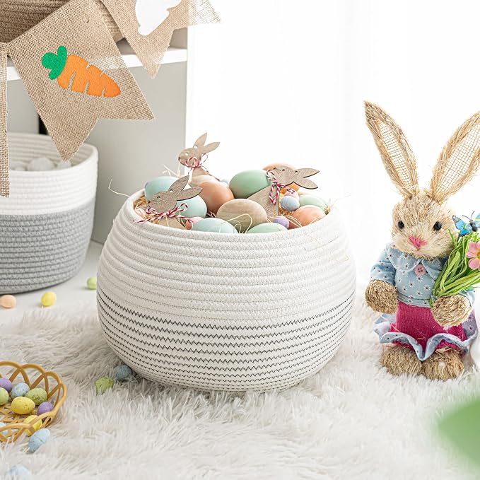 Goodpick Round Woven Storage Basket for Shelves, 12.5" x 8.3", White | Cotton Rope Small Basket with Handles, Stores Towels Dog Cat Toys, Plants, Great for Living Room & Bedroom Décor